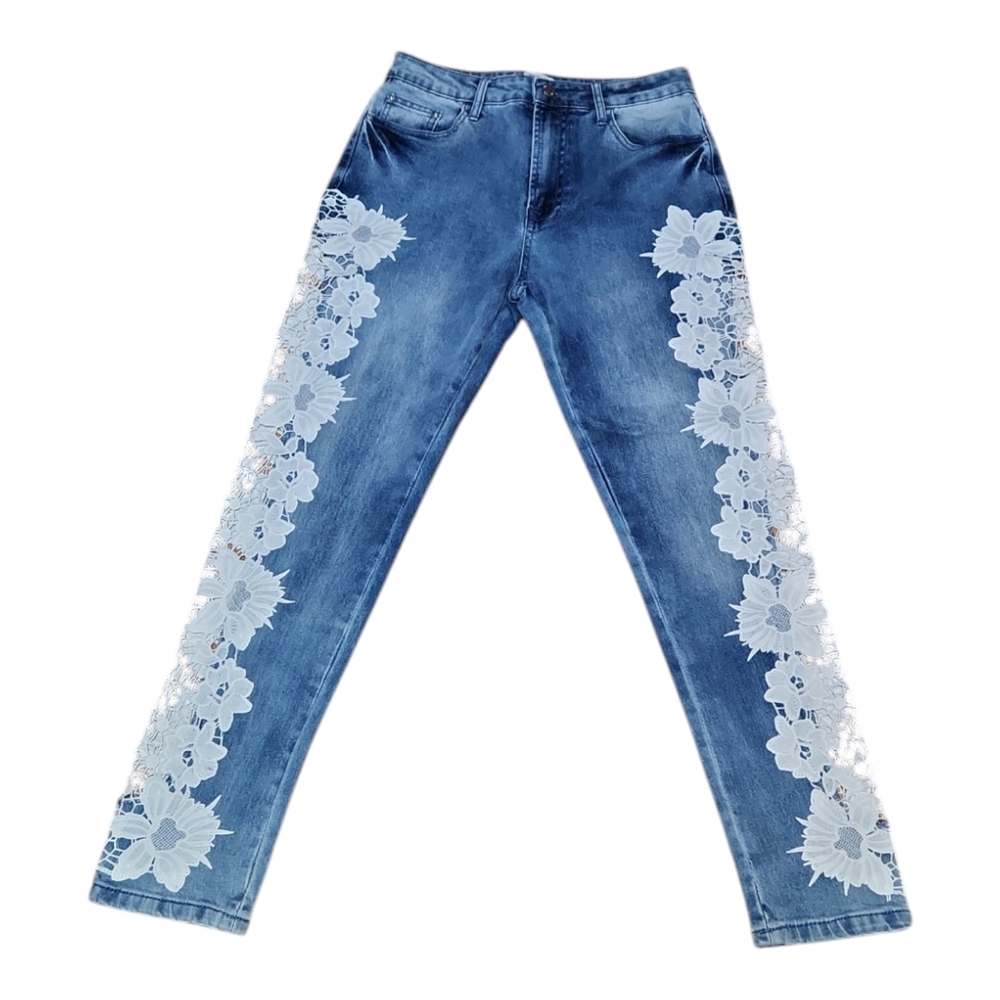 Forever 21 Straight Leg Jeans with White Lace Appliqué Medium Blue Wash